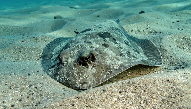 Perfectly camouflaged flounder resting on sandy seabed, its flattened body almost invisible against the ocean floor.