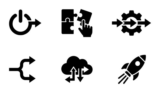Business Process Icons: Power Button, Puzzle, Gear, Split, Cloud Upload, Rocket Launch, Vector Set