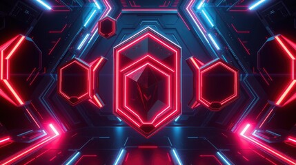 Fototapeta premium Futuristic tunnel, glowing neon hexagons, vibrant blue, pink illumination. Dramatic perspective creates immersive digital space.