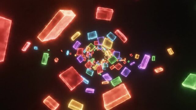 Glowing colorful neon rectangular blocks floating in dark space