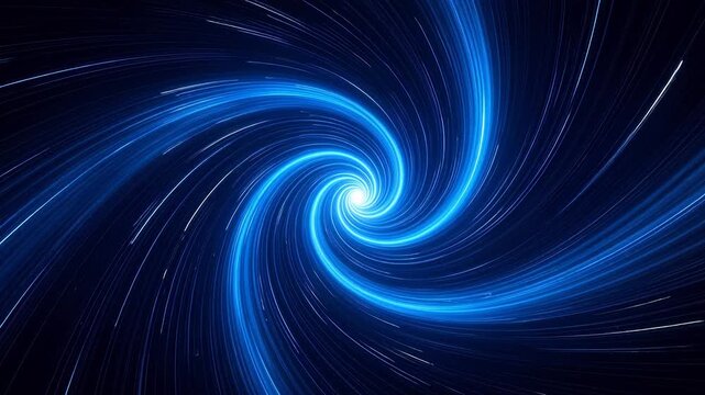 Abstract blue spiral vortex with white light center on dark background