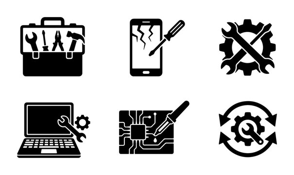 Technology Repair Icons Set: Toolbox, Cracked Phone, Computer, Circuit Board, Gear Cog, Service Tools Vector Graphics for Tech Support and Maintenance Concepts