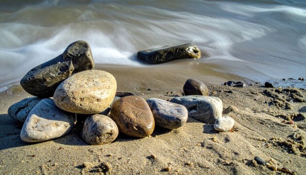 Collection of various shaped river stones smoothed by water arranged on a sandy patch near the shore