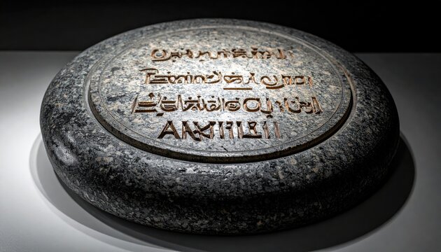 Close-up of a Rosetta Stone replica displaying ancient Egyptian hieroglyphic and Demotic scripts etched into stone