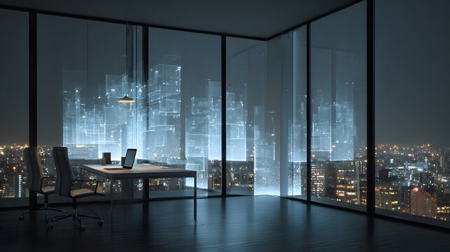 Modern office interior with city skyline view at night with laptop on desk
