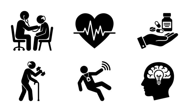 Medical Icons Set: Doctor Checkup, Heart Monitor, Pills, Elderly Care, Fall Detection, Brainstorming Ideas, Vector Graphics for Healthcare and Wellness