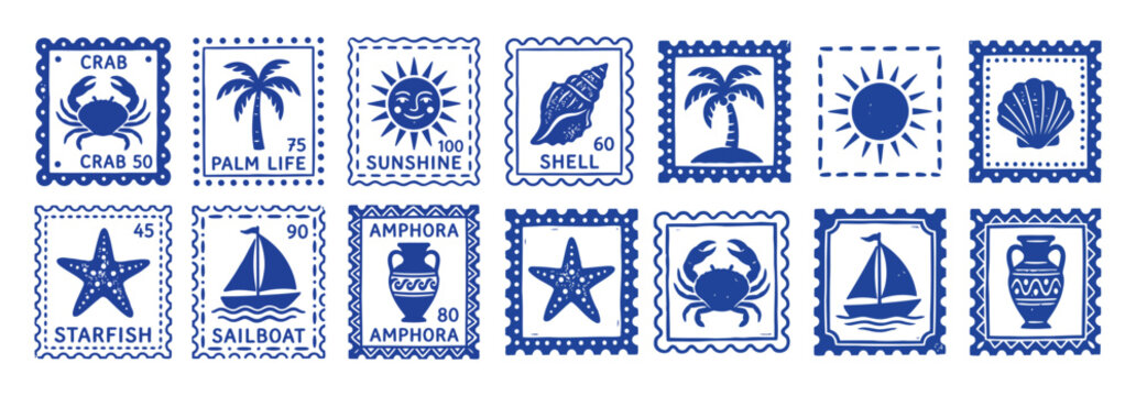 Collection of blue nautical themed postage stamps featuring crabs, palm trees, sunshine, shells, starfish, sailboats, and amphora on transparent background