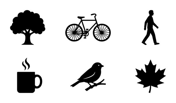 Vector Icons: Tree, Bicycle, Walker, Coffee Cup, Bird, Maple Leaf. Simple Black Silhouettes for Lifestyle, Nature, and Outdoor Themes.