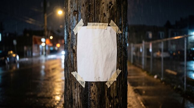 Blank white paper flyer taped to a wooden pole on a rainy night street scene, urban mood