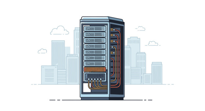 Modern server rack with cables and city skyline background, representing data center and technology infrastructure