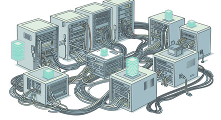 Networked computer servers connected by cables in a data center, illustrating technology and information systems.