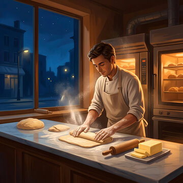 Pastry Chef 4AM Bakery Croissants Laminating Dough Pre-Dawn Craft Editorial Illustration