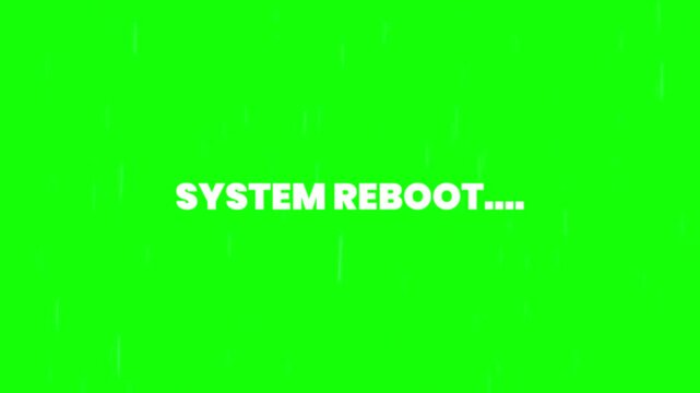 Visual interface displaying a system reboot command on a vibrant green screen with subtle digital artifacts, symbolizing a fresh start or computer system initialization