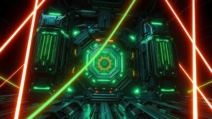 Fototapeta premium Futuristic tunnel. Green glowing panels, red beams create dynamic perspective. Dark background emphasizes vibrant colors, complex geometry.