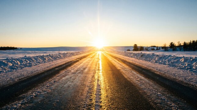A straight paved road stretching towards a bright low winter sun flanked by snowdrifts and bare trees
