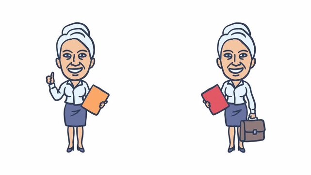 Old business woman shows thumbs up holding briefcase and folder. Transparent background