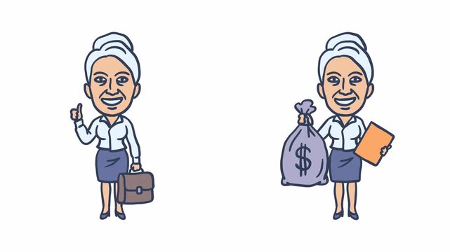 Old business woman shows thumbs up holding briefcase bag of money and folder. Transparent background