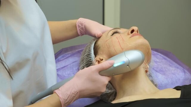 Advanced ultrasound treatment performing SMAS lifting superficial muscular aponeurotic system on lower face in cosmetology clinic. Non invasive skin tightening and facial rejuvenation using