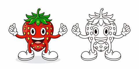 Naklejka premium Colorful strawberry character illustration and line sketch.