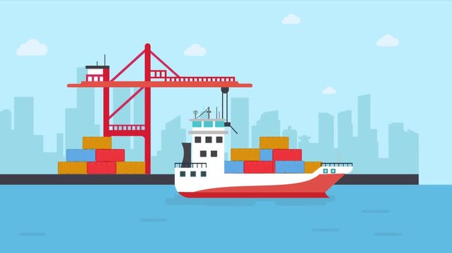 Container Ship Supply Chain Animation Cargo Vessel, Global Trade, Maritime Logistics, Freight Shipping, Import Export, Flat 2D Motion Graphic
