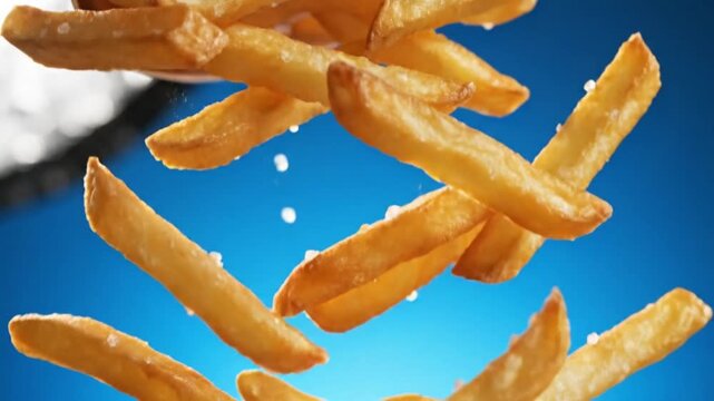Crispy French Fries Falling in Slow Motion on Blue Background, Golden Potato Fries Floating in Air, Fast Food Snack, Seamless Loop Animation