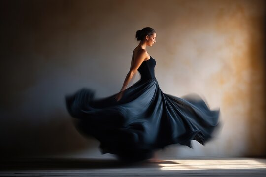 Elegant dancer spinning in studio, dark dress flows dramatically with motion blur, capturing dynamic movement and artistic expression with grace
