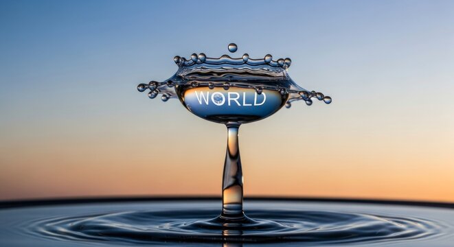 Goutte d'eau avec le mot &laquo; monde &raquo; &agrave; l'int&eacute;rieur, visuel cr&eacute;atif avec reflet et &eacute;claboussure