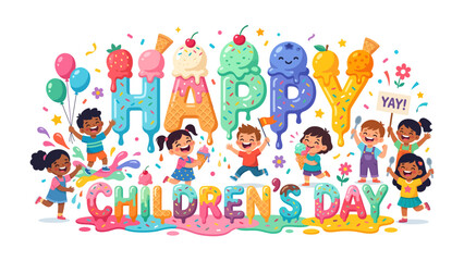 Fototapeta premium Joyful Children's Day Celebration: A vibrant, colorful illustration captures the exuberance of Children's Day, featuring cheerful children surrounded by delightful ice cream and celebratory elements.