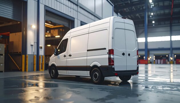 White Cargo Van Parked Inside a Warehouse Loading Dock Area.