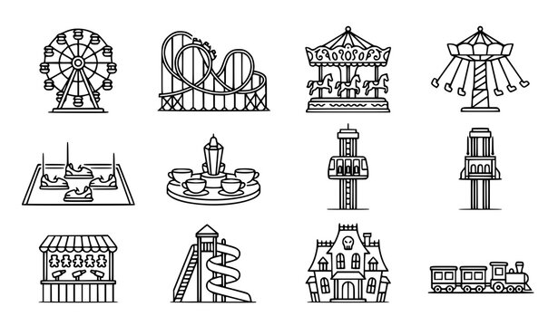 Minimal Amusement Park Ride Line Art Vector Collection with Carnival Attraction Designs