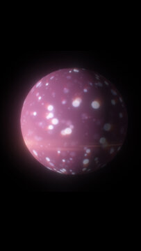Soft pink glowing sphere with scattered luminous highlights on a black background, creating a dreamy cosmic and futuristic abstract object