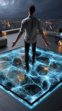 A man standing on a holographic floor gazes out at the metropolis at night, creating a futuristic backdrop for discussions on future technologies, digitalisation and global networks.
