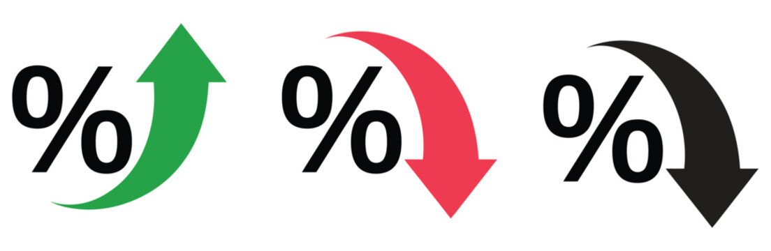 Percentage increase and decrease arrow with percent sign representing growth, profit, loss, financial trend analysis, and business performance indicator vector