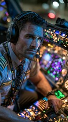 Obraz premium The pilot in the cockpit, surrounded by glowing instruments, provides a professional backdrop for content on aviation, technology and human responsibility for managing complex systems.