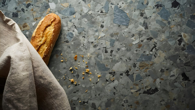Crusty baguette on a gray marble countertop with crumbs