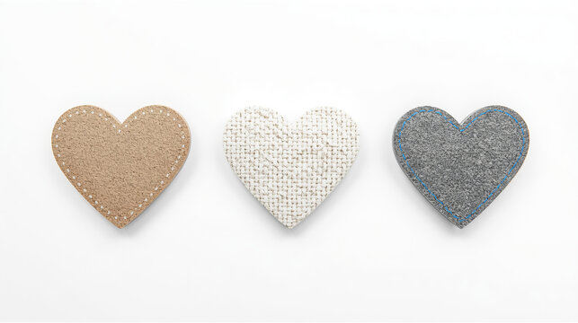 symmetrical layout with three heart-shaped objects aligned horizontally against a plain white background. The first heart on the left is a light brown color with a textured surface and a border of sma