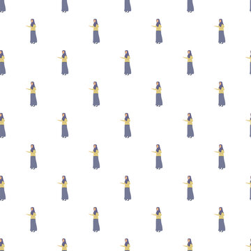 Muslim woman wearing a hijab and dress in a repetative seamless pattern design
