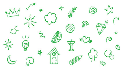 Fototapeta premium Transparent background: Green doodles set, hand-drawn abstract symbols, crown, stars, lightbulb, heart, diamond, fruit, house, pencil, decorative elements isolated.