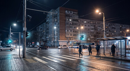 Fototapeta premium AI managed urban traffic at night in an Eastern European city