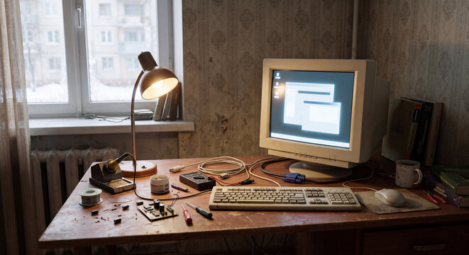 Post Soviet home computer repair desk in a modest apartment