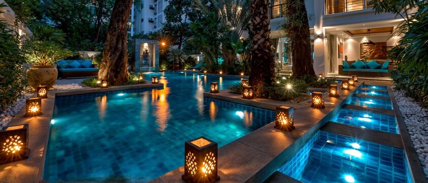 A swimming pool illuminated at night and surrounded by tropical plants makes for a luxurious backdrop for advertisements for luxury properties and hotels, or for articles on landscape design  