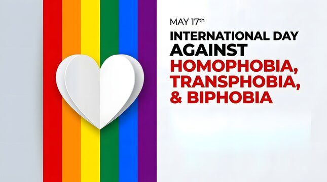 International Day Against Homophobia Transphobia And Biphobia Awareness Banner With Pride Rainbow Stripes And White Heart Symbol