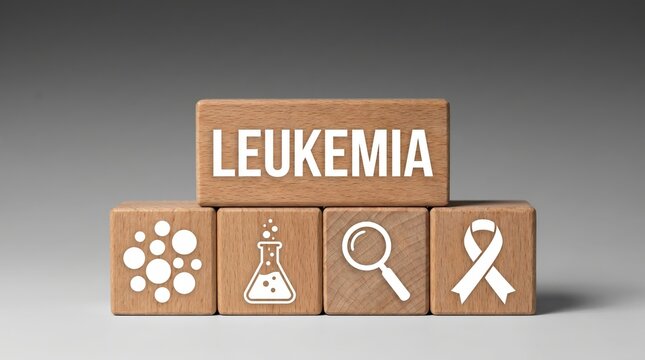 Wooden blocks spelling leukemia with symbols for research and awareness, medical concept