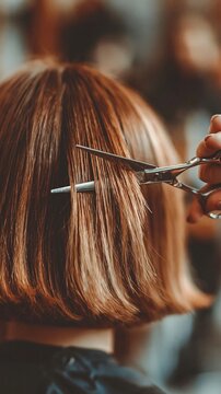 A close-up of scissors cutting red hair &mdash; a professional background for beauty salons, hairdressing lessons or adverts for hair care products, with no unnecessary elements.