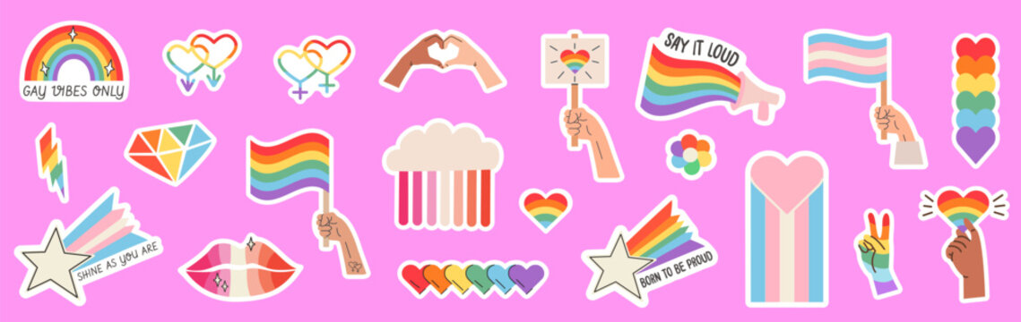 Retro LGBTQ pride sticker pack with diverse hands and inclusive slogans. Hand drawn queer symbols, transgender flag, rainbow hearts, and pride month protest signs. Vector illustration.