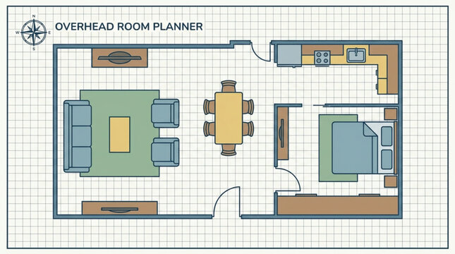 Overhead room planner showing furniture layout for a modern apartment.