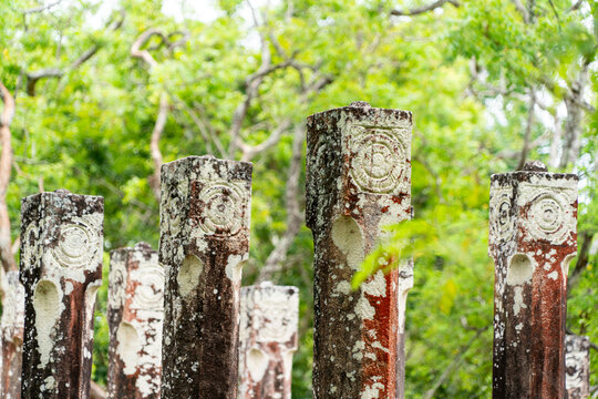 Details of decorated top of the red pillars of ancient temple Alahana Pirivena between the trees, Pollonaruwa, Sri Lanka