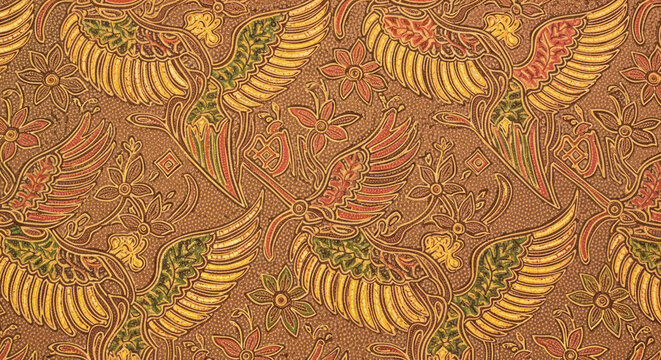 Detailed Batik Fabric Pattern Featuring Garuda Bird Motifs.