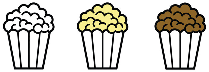 Popcorn icon representing simple popcorn bucket symbol, cinema snack food, movie theater entertainment, and fresh popped corn serving vector © welcome  saiful