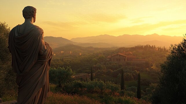 A picturesque view of the Roman countryside, with a statue of Brutus overlooking the landscape at dawn. 
